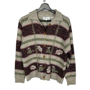 Vintage 90s Taupe Maroon Stripe Embroidered Wool Blend Knit Button Up Cardigan L